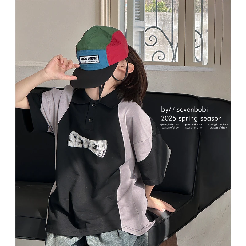 【现货】男童t恤2025夏季新款儿童拼接短袖中大童POLO衫韩版上衣