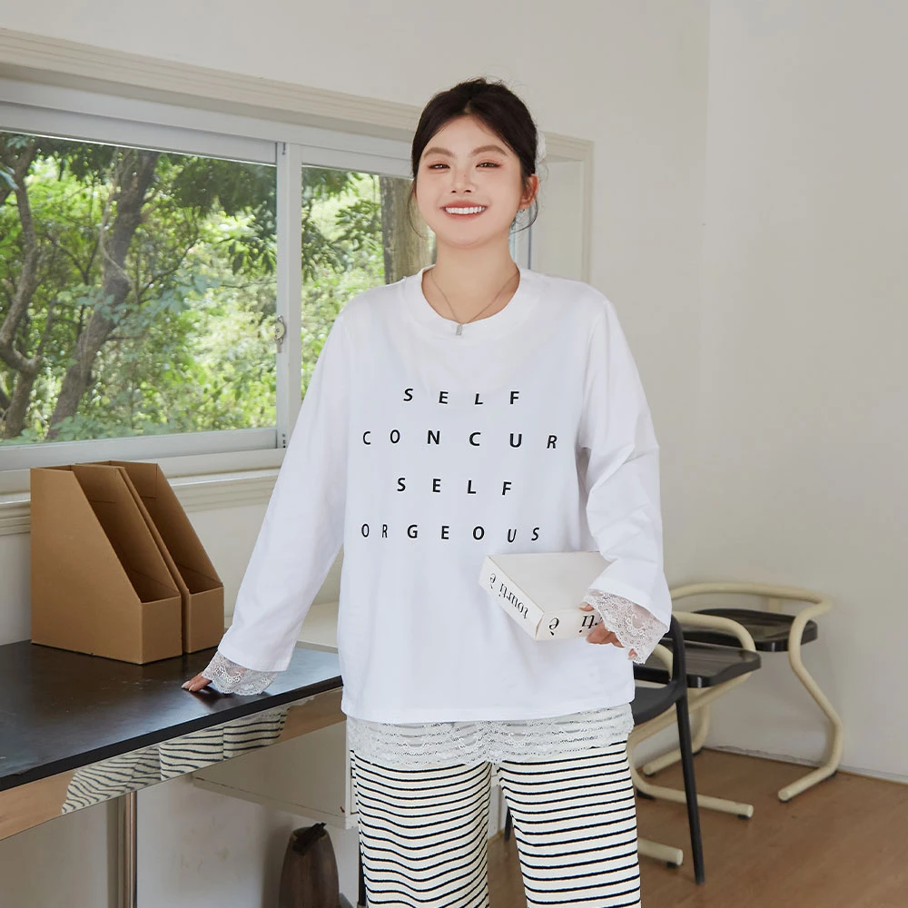 【C】大码女装韩版宽松休闲蕾丝拼接长袖T时尚内搭外穿 3821