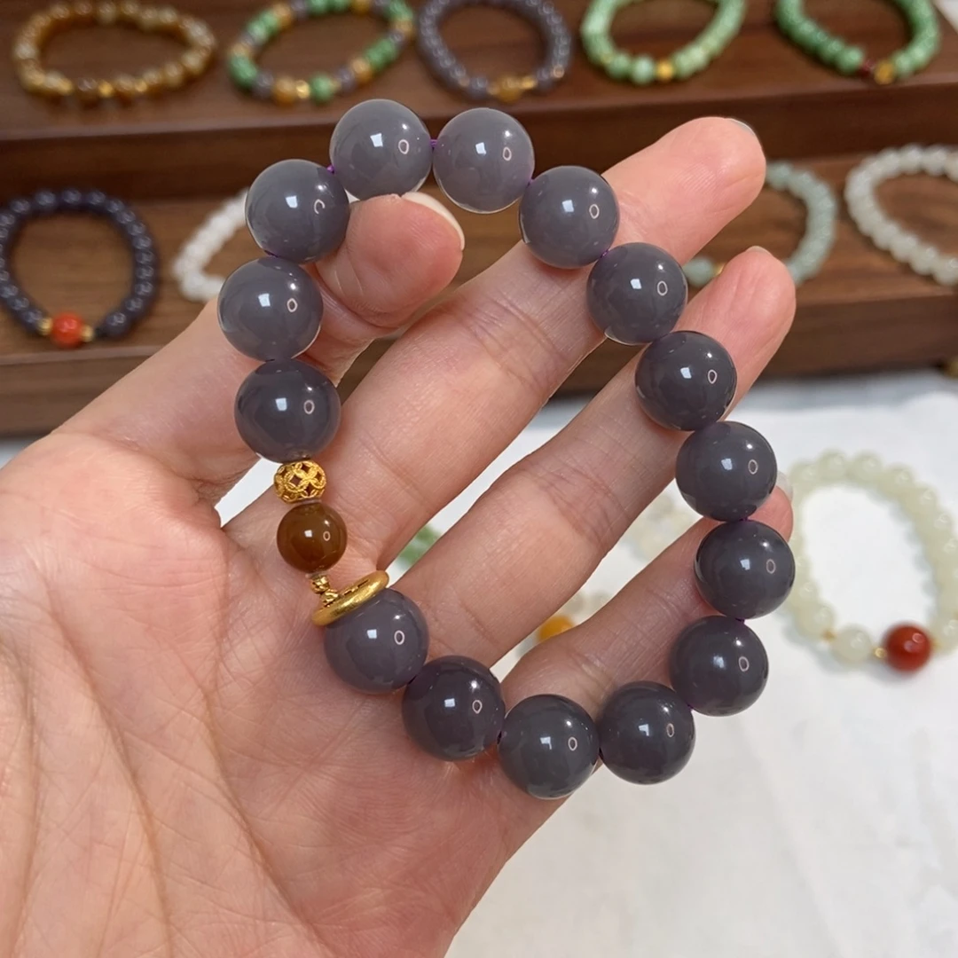 和田玉18K金镶嵌手链12mm深莫兰迪烟紫