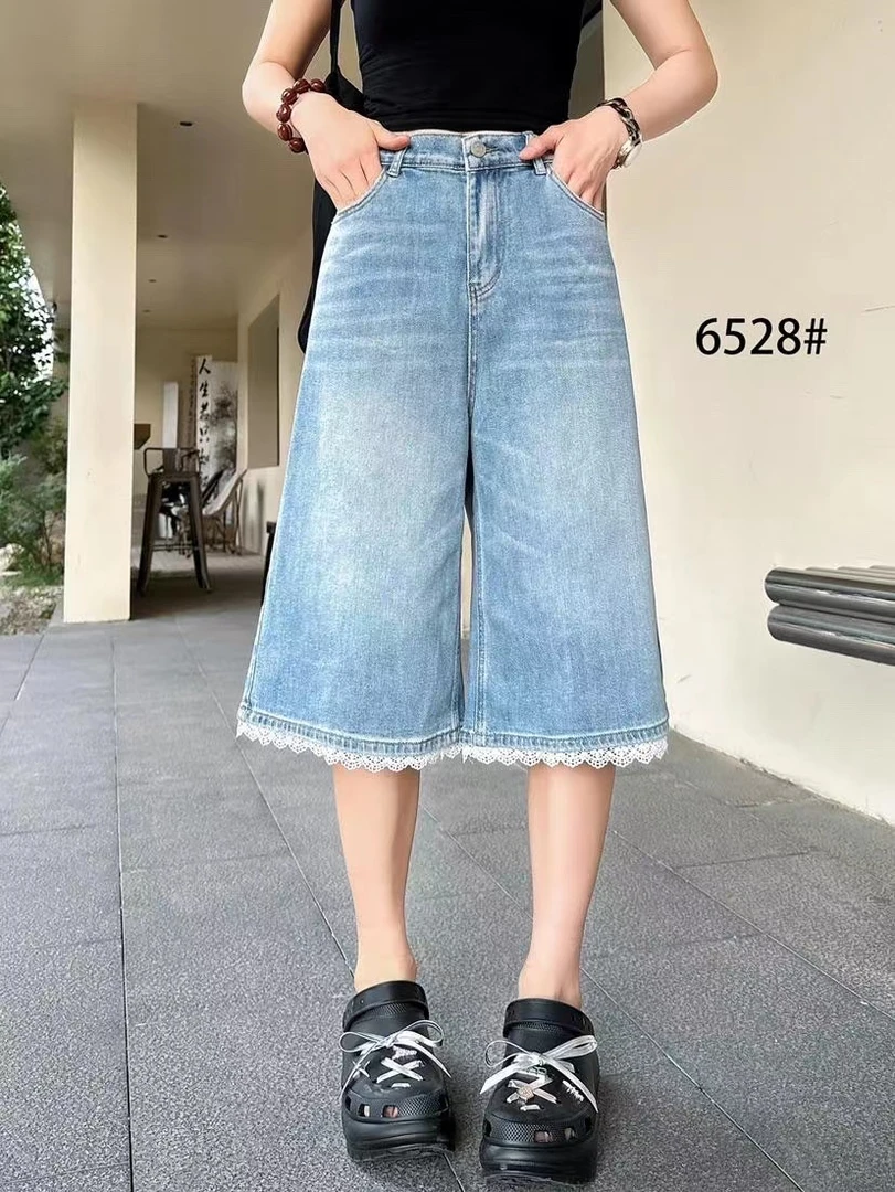 【新款现货】ANQI蕾丝花边7分牛仔短裤6528