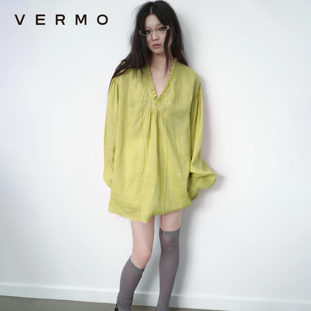 VERMO 别致色彩 清爽质感 手缝流苏线 纯亚麻木耳边宽松罩衫8963