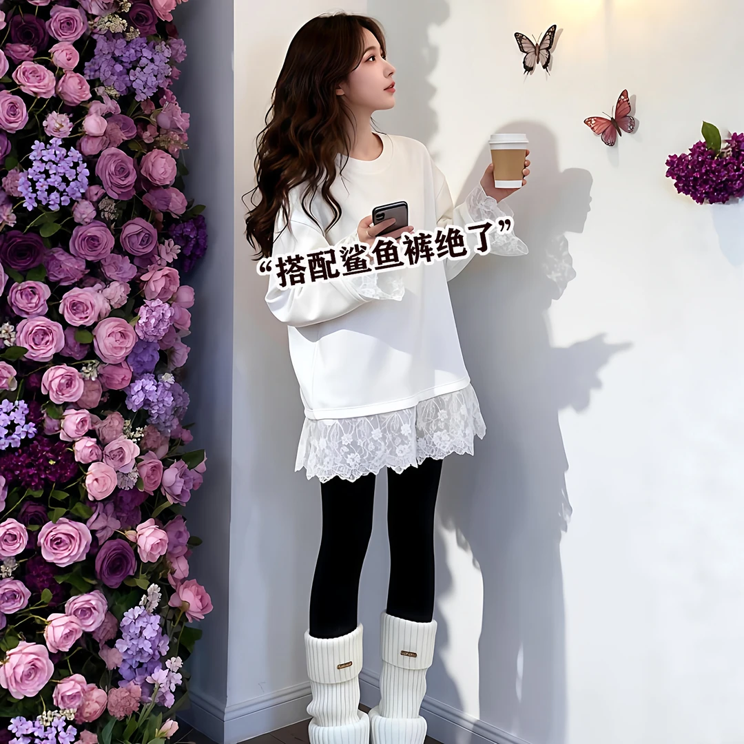 欧货白色长袖蕾丝拼接T恤女2025新款秋冬宽松加绒内搭打底衫上衣