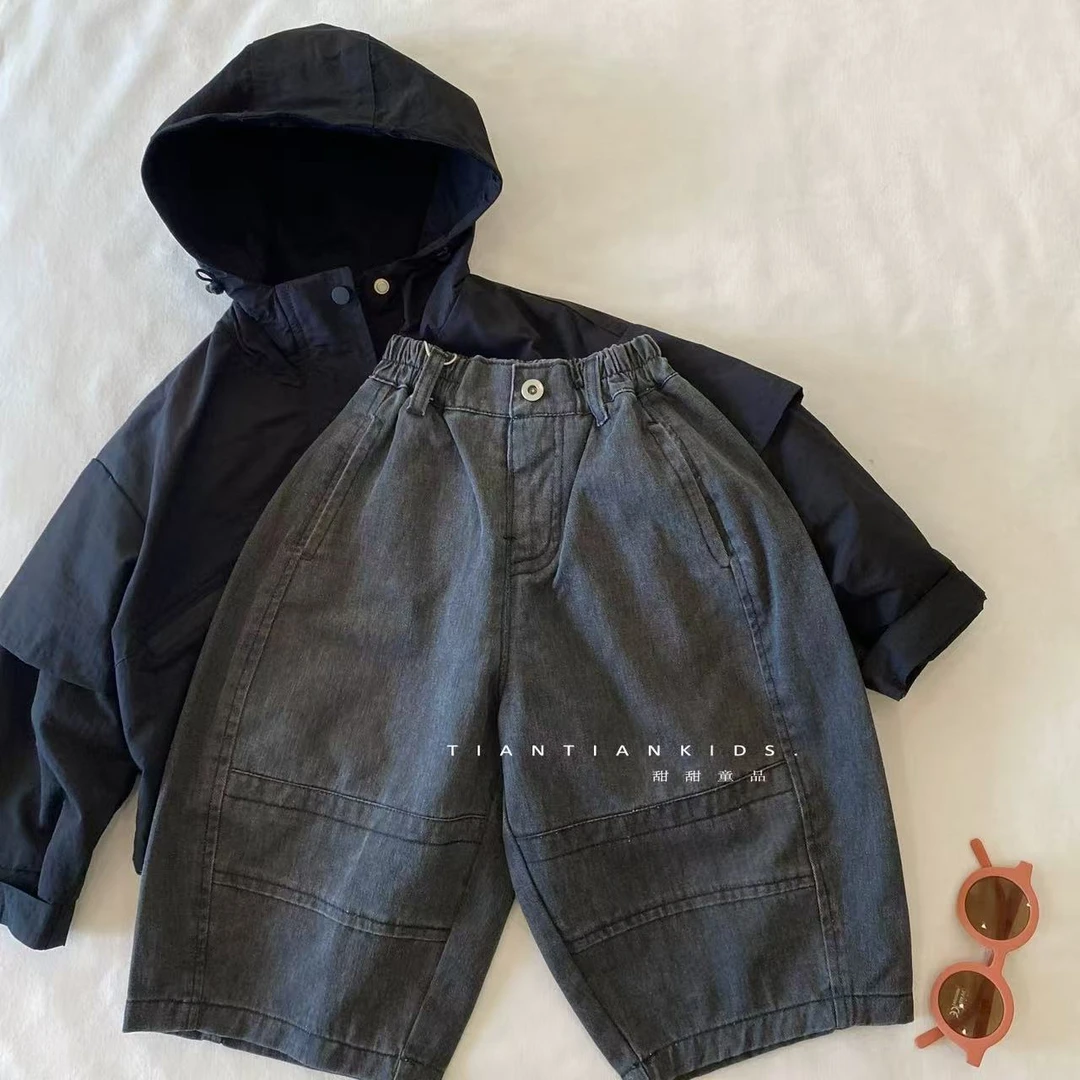 儿童牛仔裤秋2025韩版拼接牛仔裤男童秋季百搭纯色洗褪裤女童长裤