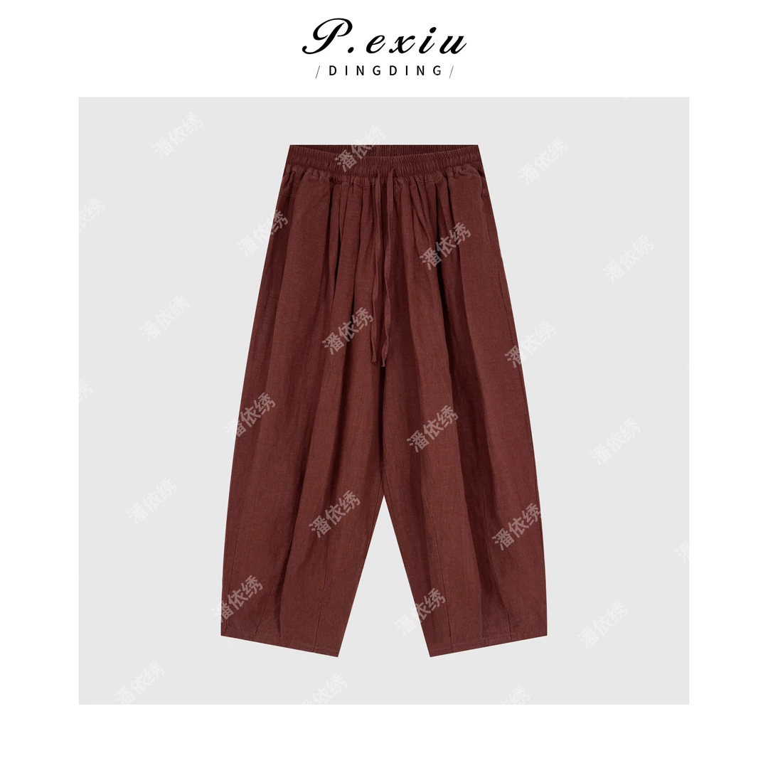 100%亚麻复古小众设计抽绳阔腿休闲裤 W-62798