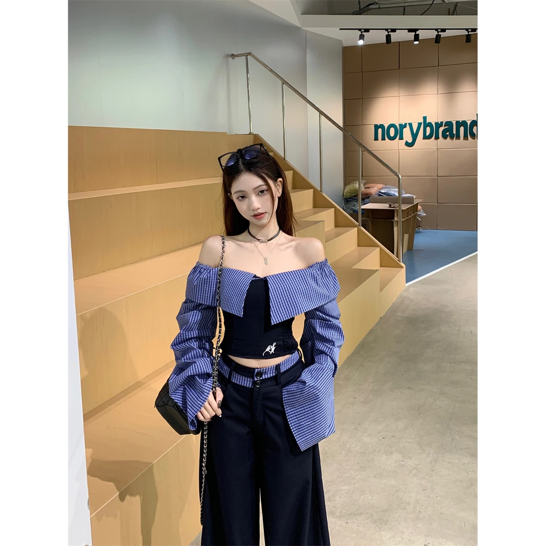 套装女2025新款爆款洋气早春一字肩条纹显瘦修身上衣休闲阔腿裤