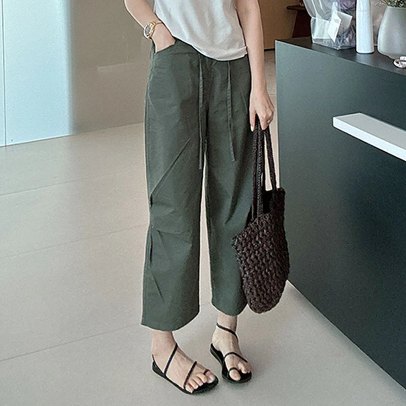老钱风松紧腰系带工装裤女夏季新款简约百搭薄款宽松显瘦休闲裤潮