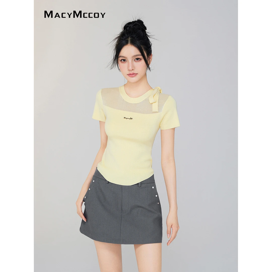 MacyMccoy镂空系带针织短袖女夏季设计感莱赛尔两色圆领短袖上衣