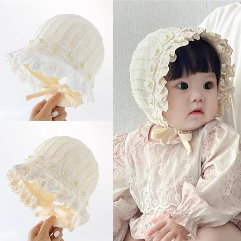婴儿帽子女春秋洋气季珍珠蕾丝花边宫廷帽甜美公主风宝宝护耳胎帽