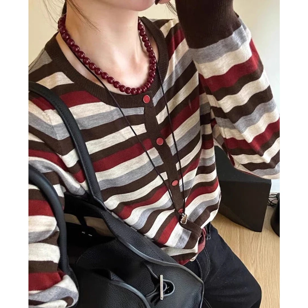 韩版条纹时尚设计感针织开衫秋季显瘦长袖百搭上衣休闲减龄慵懒风