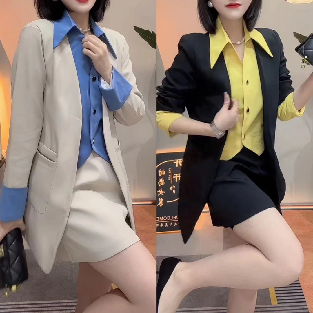 假两件拼接西装外套+后松紧半身裙两件套1141