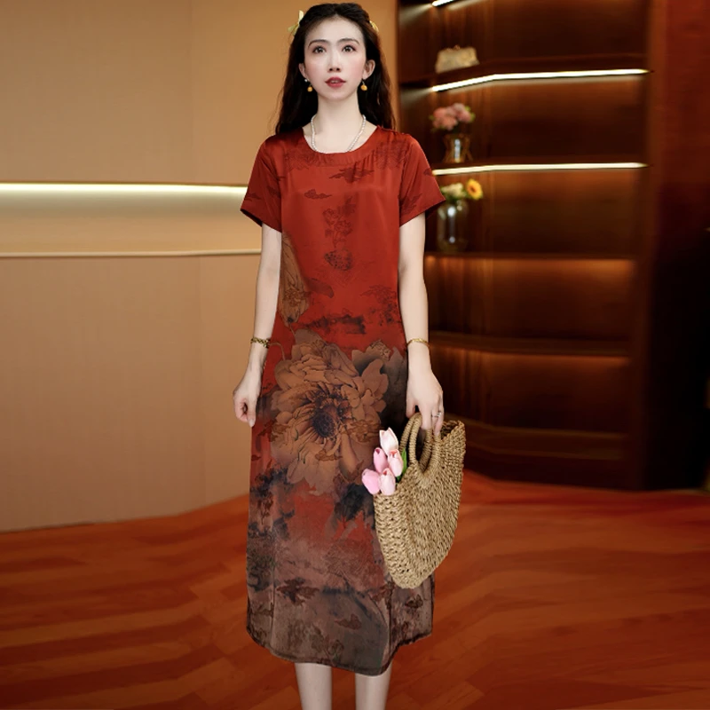 晕花墨韵 气质中长款时连衣裙百搭遮肉裙子