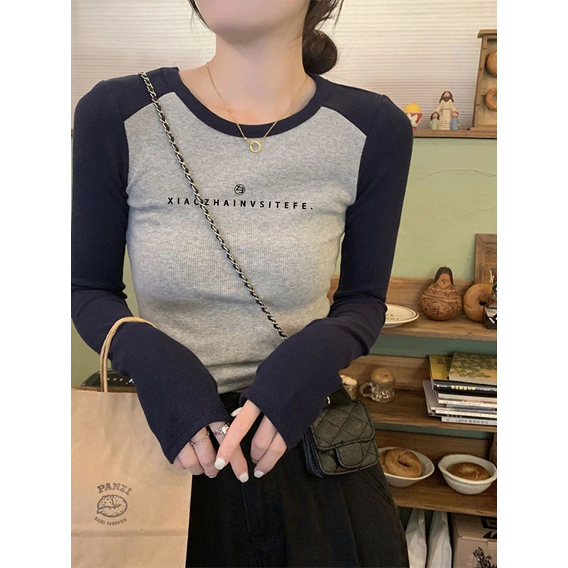 美式纯欲辣妹撞色插肩长袖T恤女春秋季小众修身内搭打底显瘦上衣