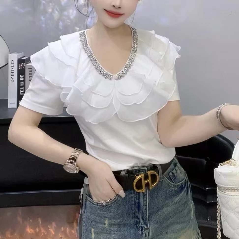 设计感重工镶钻蕾丝荷叶边减龄上衣女2025年夏季新款短袖t恤小衫