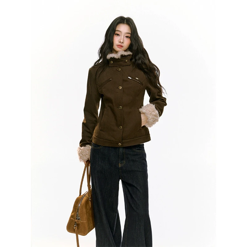 秋冬新款收腰显瘦棕色毛领夹克外套女2025年保暖复古加厚夹棉上衣