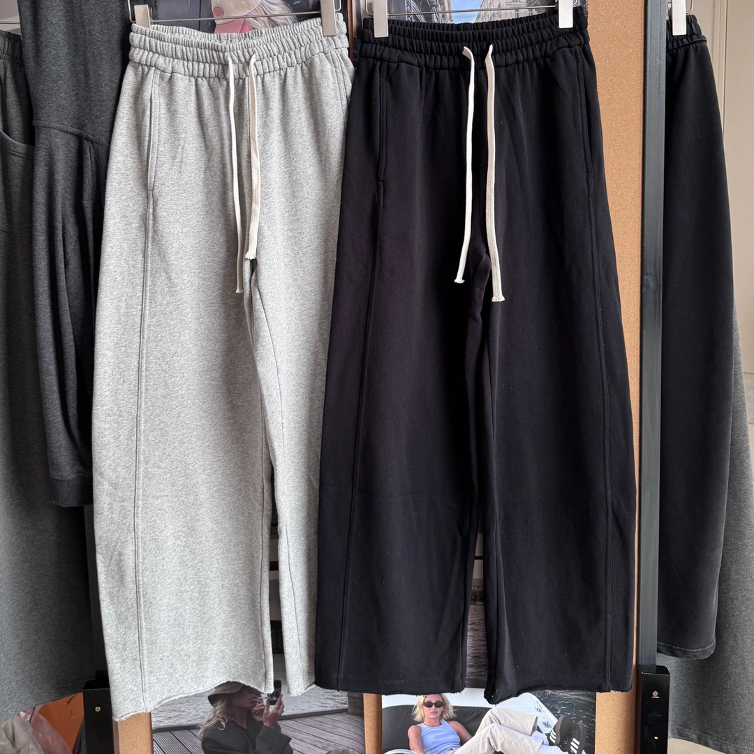 （遛弯毛边裤）秋冬直筒休闲裤运动裤宽松型抽绳阔腿裤宽松长裤女