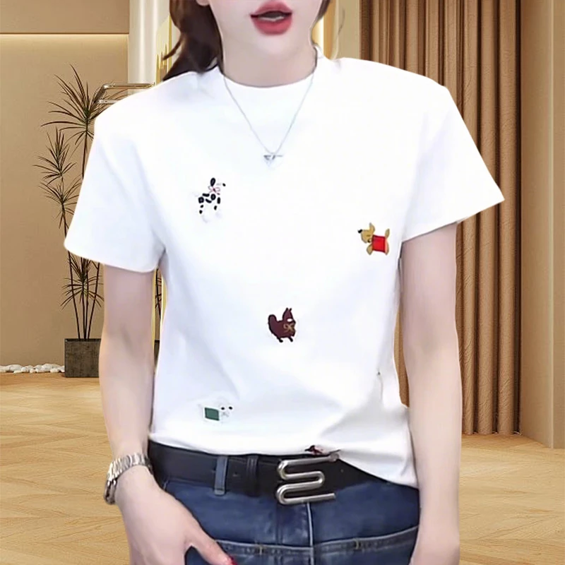 球球t恤狗刺绣圆领短袖T恤夏季新款百搭显瘦女装洋气上衣女