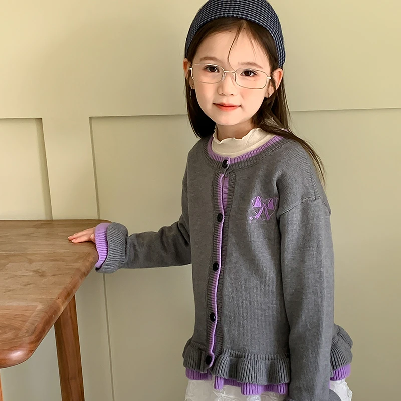 尤画2025秋季新款儿童美式复古灰色拼接女童针织毛衣开衫68278