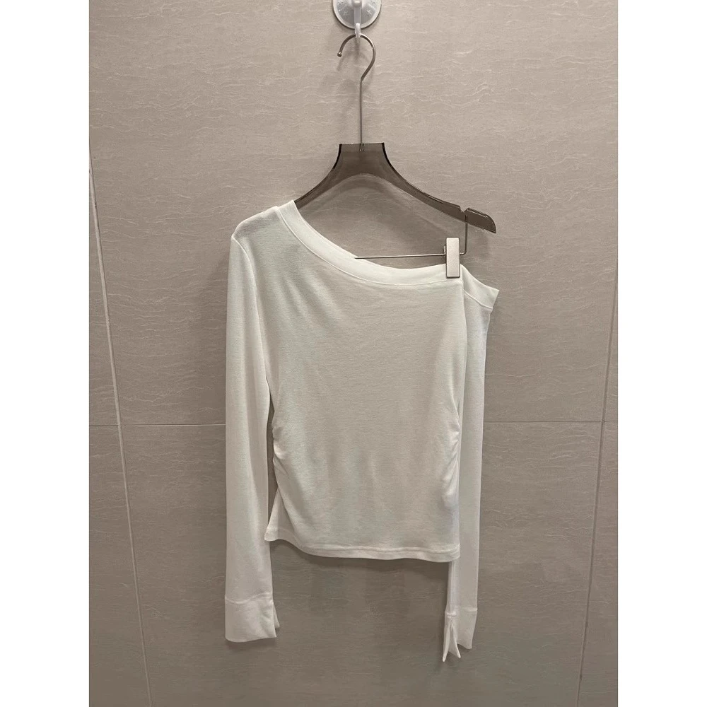 W能搭！性感露肩斜肩褶皱收腰长袖T恤夏季微透薄款时髦设计感上衣