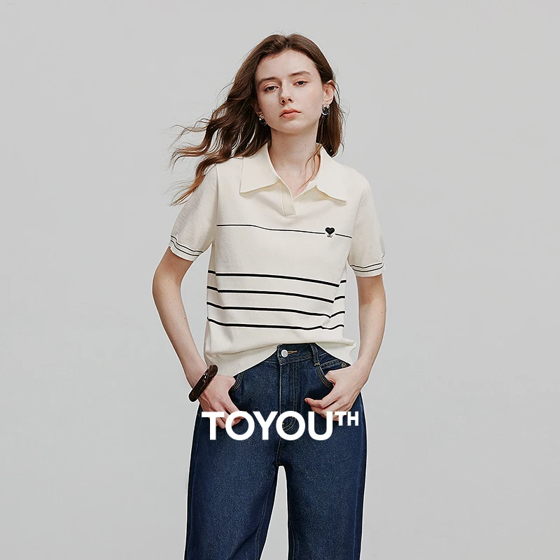 【年终狂欢购】初语冰爽丝条纹V字POLO领短袖针织衫女2025夏简约上