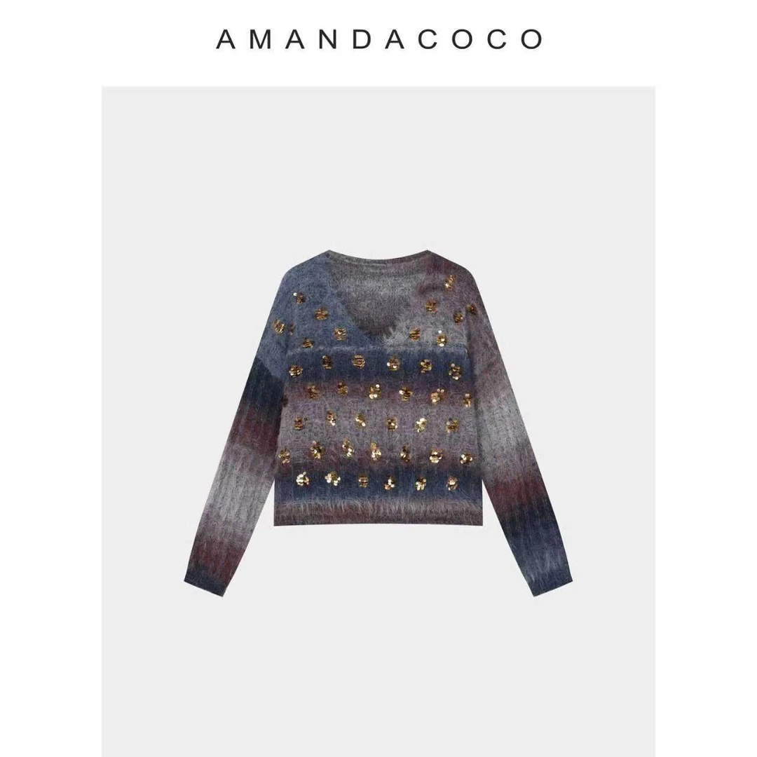 苏黎旧事～25秋冬设计感亮片v领渐变显白长袖毛衣