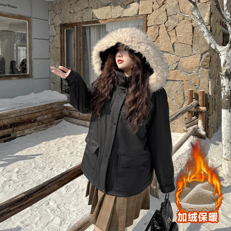 保暖不臃肿~冬季显瘦藏肉240斤毛领连帽派克服大码女装外套CD6666