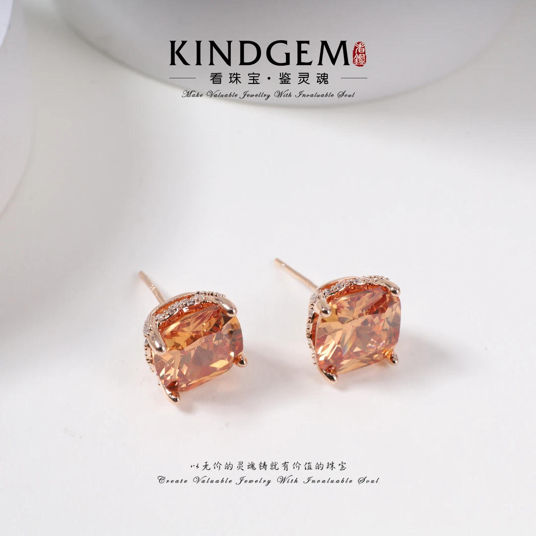 铜合金合成锆石耳饰 KindGem 轻奢简约镶嵌夕阳橙耳环 C-35574