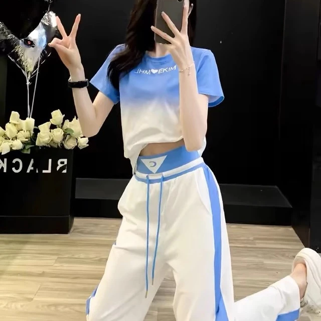 渐变短袖运动风套装女夏2025韩版潮休闲时尚阔腿裤两件套减龄宽松