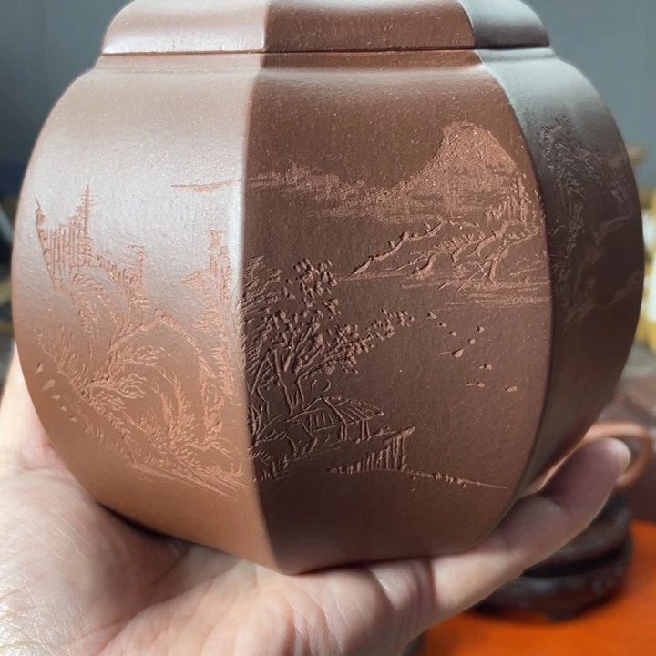 茶壶紫砂半手八方茶叶罐，清水泥