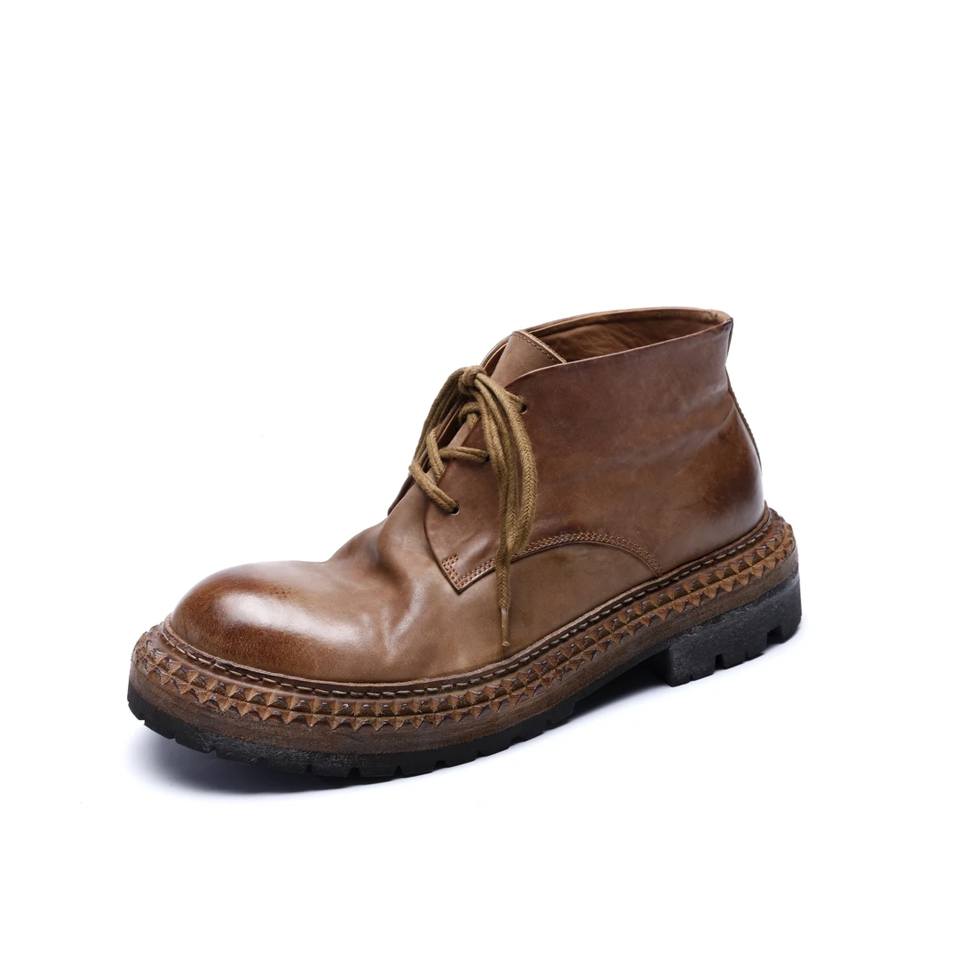 ROCDMB新款重工高端磨面马臀皮巨齿鲨坦克靴纯手工缝线复古厚底男