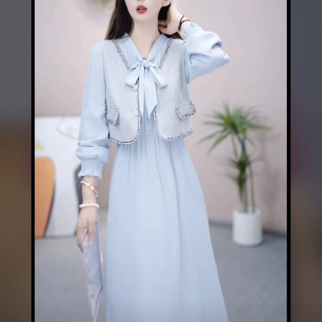 【马甲+连衣裙】X097 #  早秋2025新款洋气时尚减龄收腰两件套裙