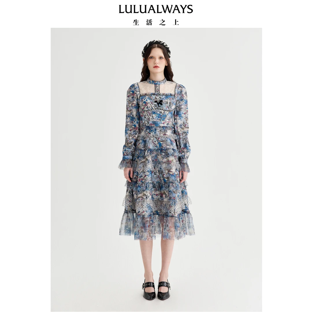 LULUALWAYS【商场同款】25春季新款法式浪漫印花网纱蛋糕连衣裙女