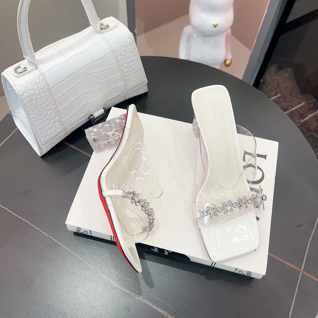 2025夏季新款女水钻方头粗跟一字带凉拖鞋日常百搭外穿0185503