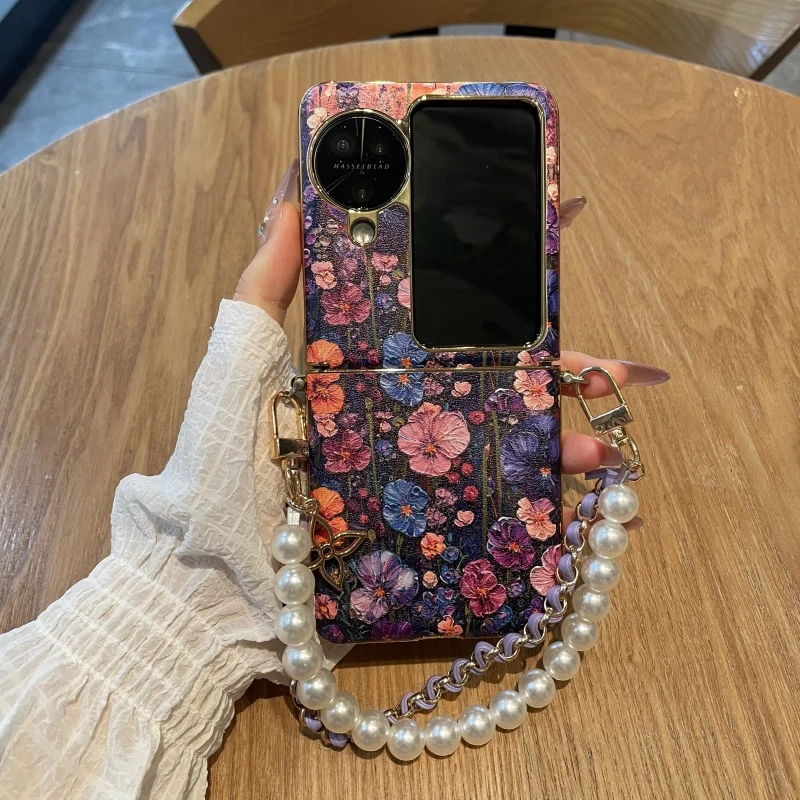 适用oppofindn3flip手机壳电镀连体紫鸳花皮套oppofindn2flip外壳