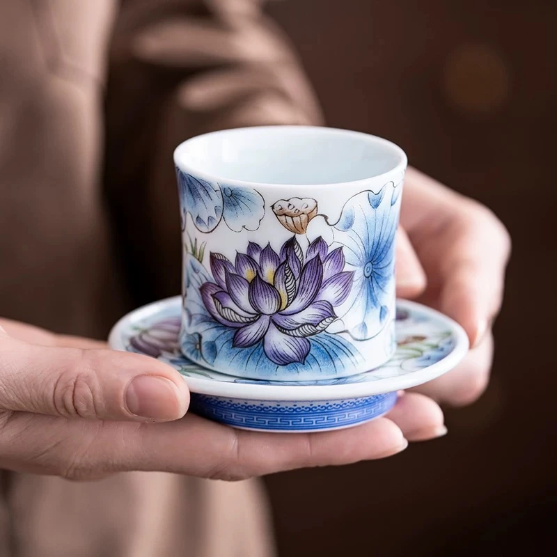 【珍瓷窑独家烧制】青花荷塘淸韵转转杯