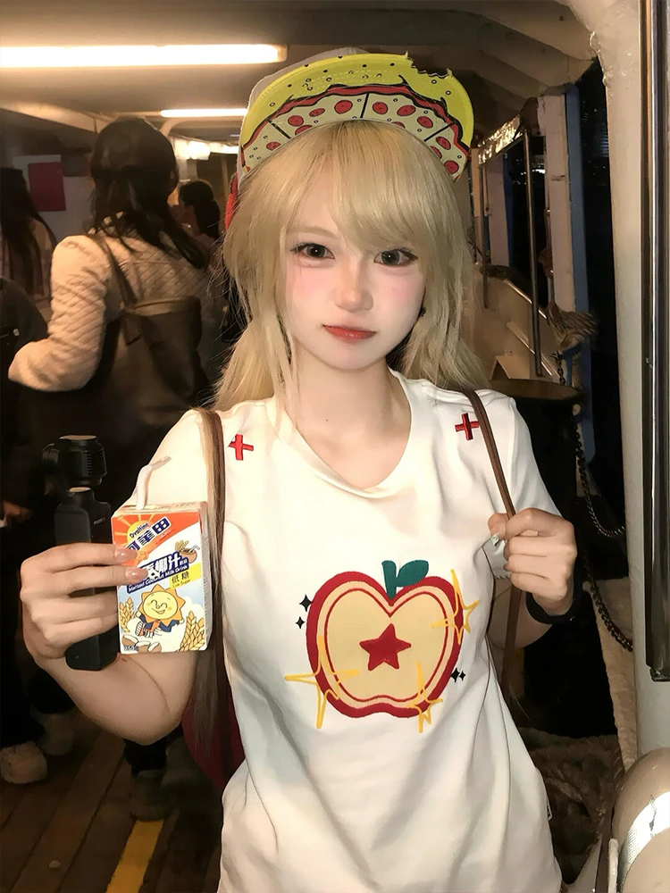 美式复古星星苹果图案设计短袖t恤女夏季新款甜辣风修身百搭上衣