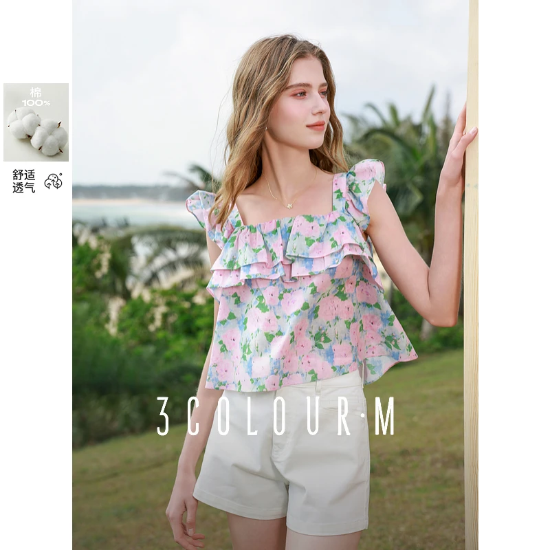 【绿子粉丝】三彩2025春季新款荷叶边小衫碎花娃娃衫宽松上衣dbq