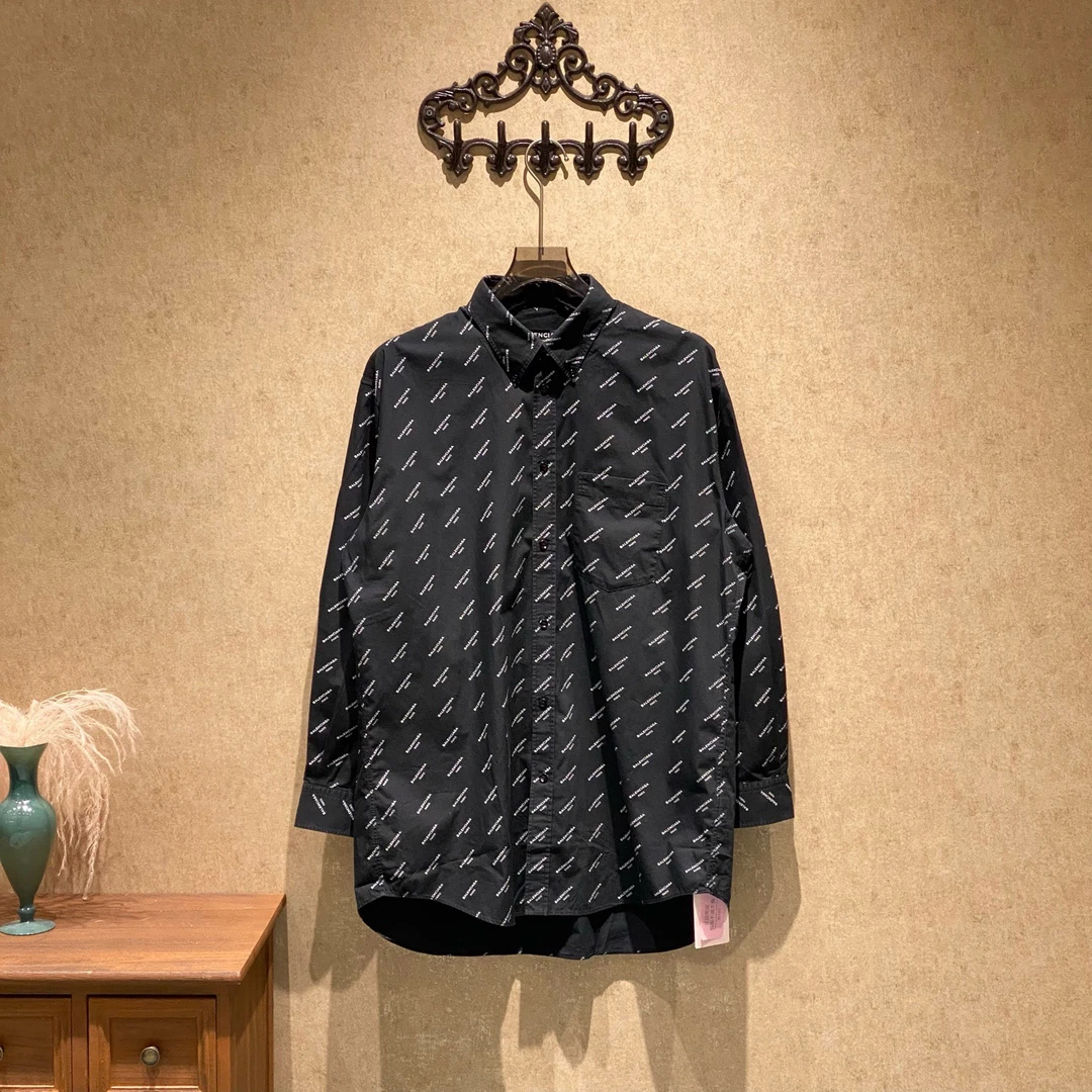 99新 Balenciaga/巴黎世家 黑色弹幕字母logo满印衬衫/41码/35165