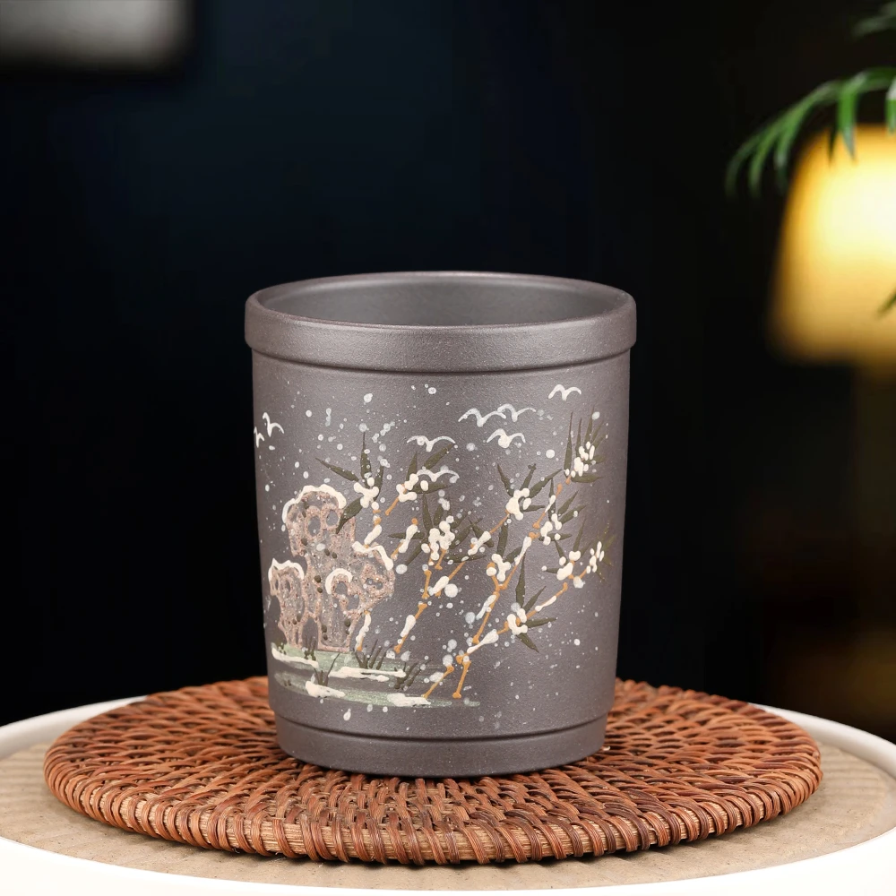 原矿紫砂主人杯 天青泥 手工泥绘雪花太湖石