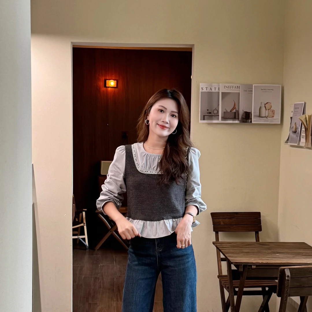 Sunshine【婉婉而秋】法式复古拼接假两件别致小众遮肉显瘦衬衫上衣