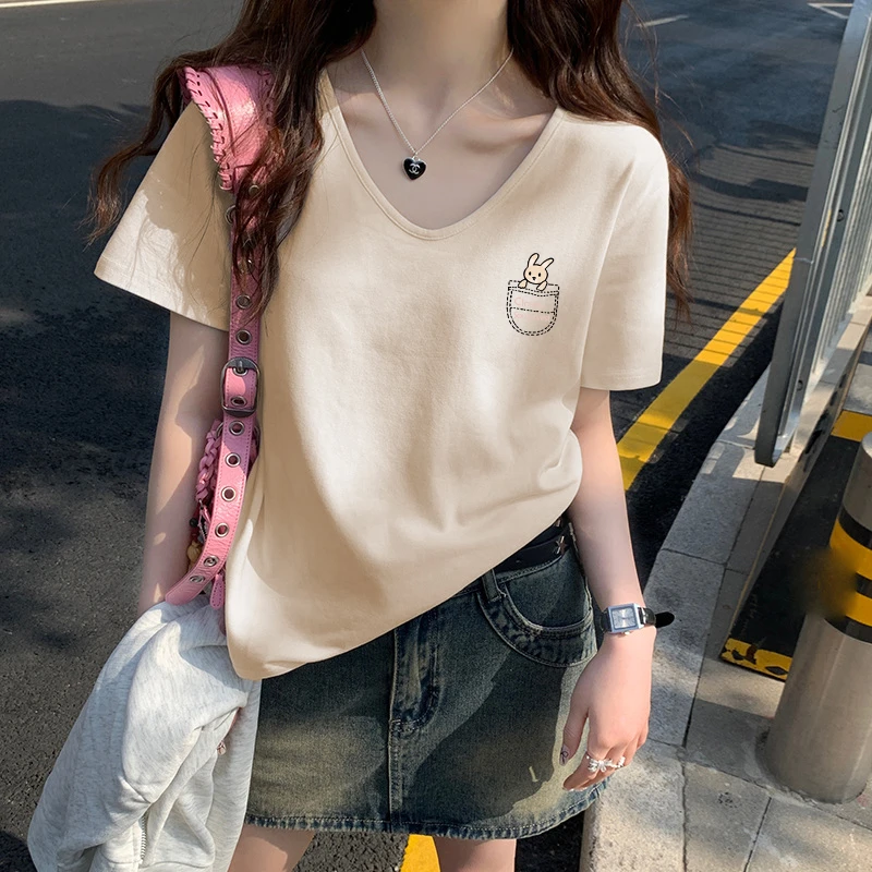 正肩白色短袖t恤女夏季V领薄款新款低领宽松U领基础款上衣打底衫