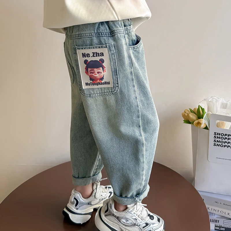 儿童哪吒牛仔裤春秋款老爹裤女宝宝时髦休闲裤洋气女童宽松长裤子