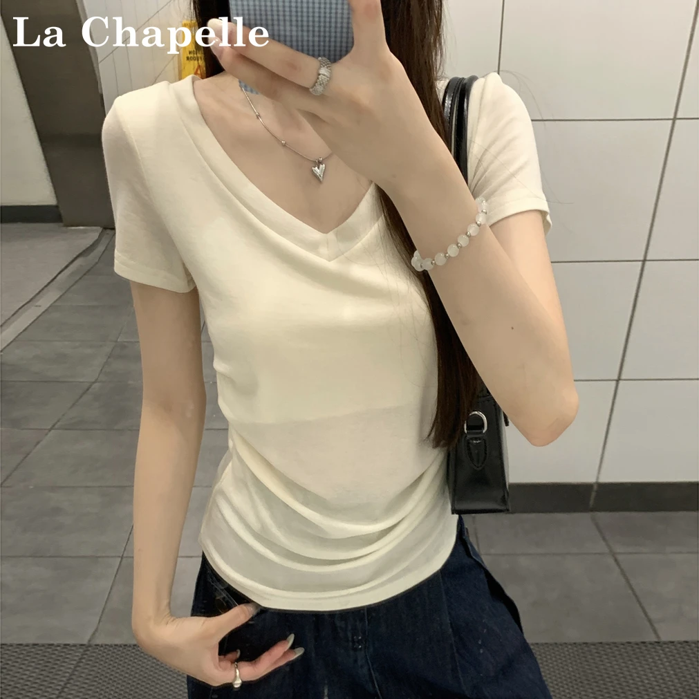 拉夏贝尔气质V领正肩短袖T恤女夏季2025新款别致褶皱小衫显瘦上衣