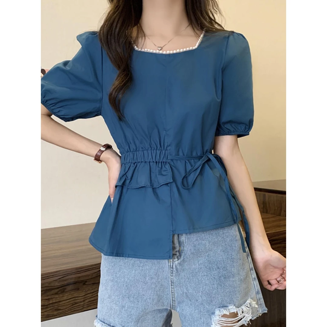 雪纺衬衫女短袖夏季2025新款韩版时尚收腰显瘦不规则方领短款上衣