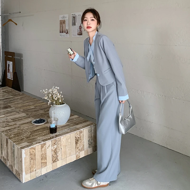 灰蓝假两件西装时尚套装女春秋2025新款气质休闲高腰阔腿裤两件套