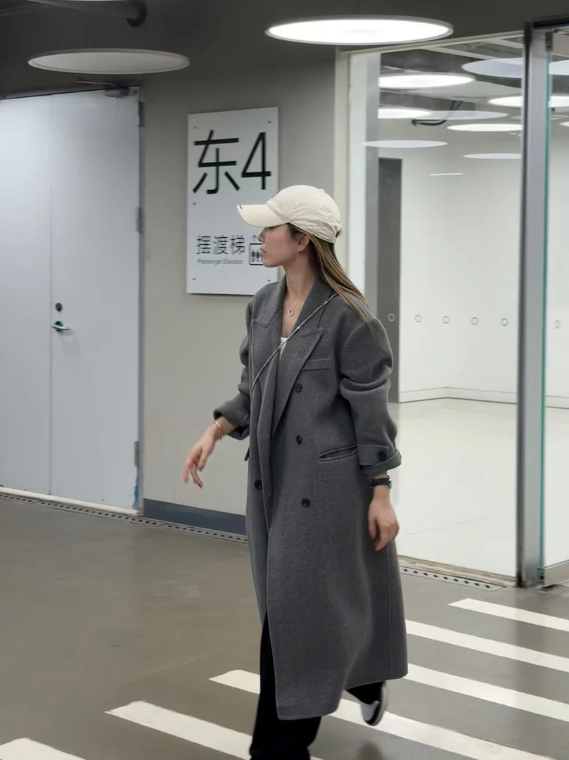 【柏林往事】羊绒人字纹立绒正肩双面呢韩版大衣高贵洋气长款外套