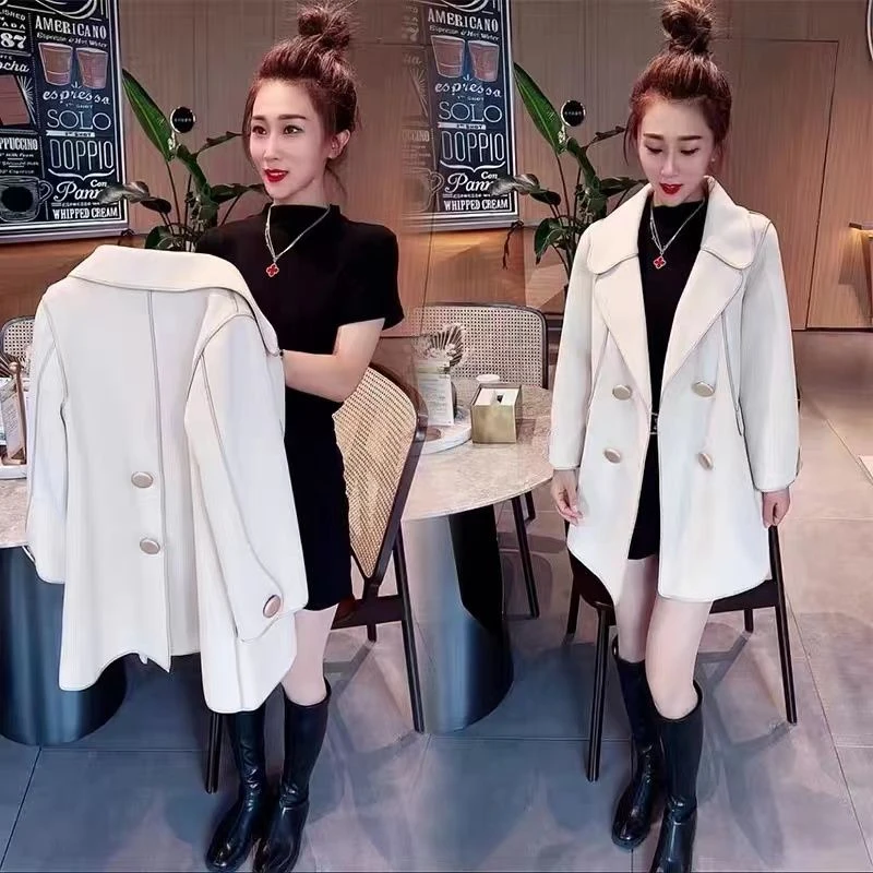 欧货毛呢大衣女2023春秋新款中长款宽松显瘦双面绒西服领呢子外套