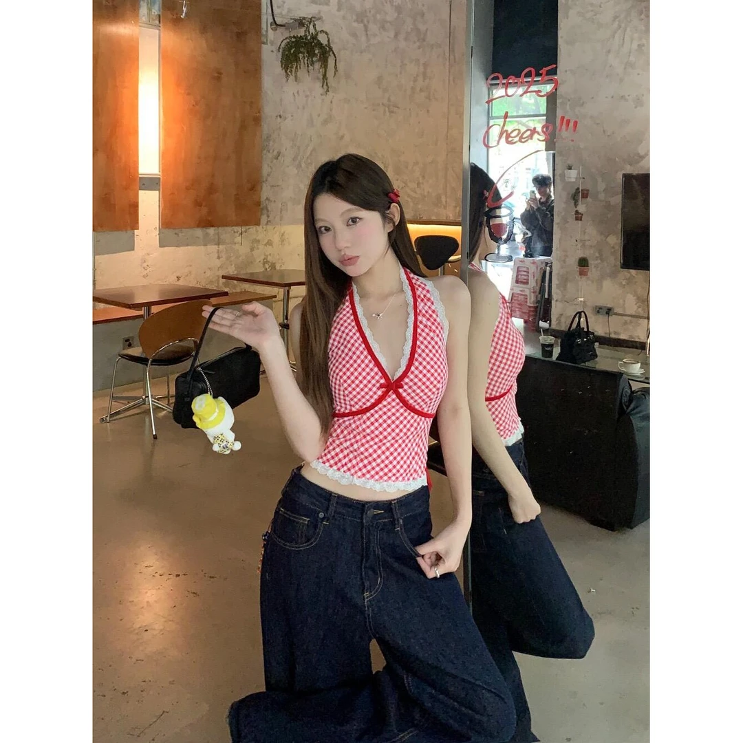 美式辣妹格纹蕾丝拼接v领挂脖吊带背心夏设计感纯欲百搭修身上衣