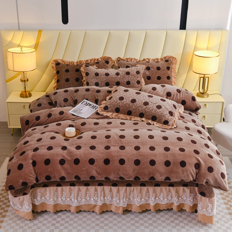 直播爆款牛奶绒印花蕾丝花边床盖床裙单件被套加厚加厚被罩