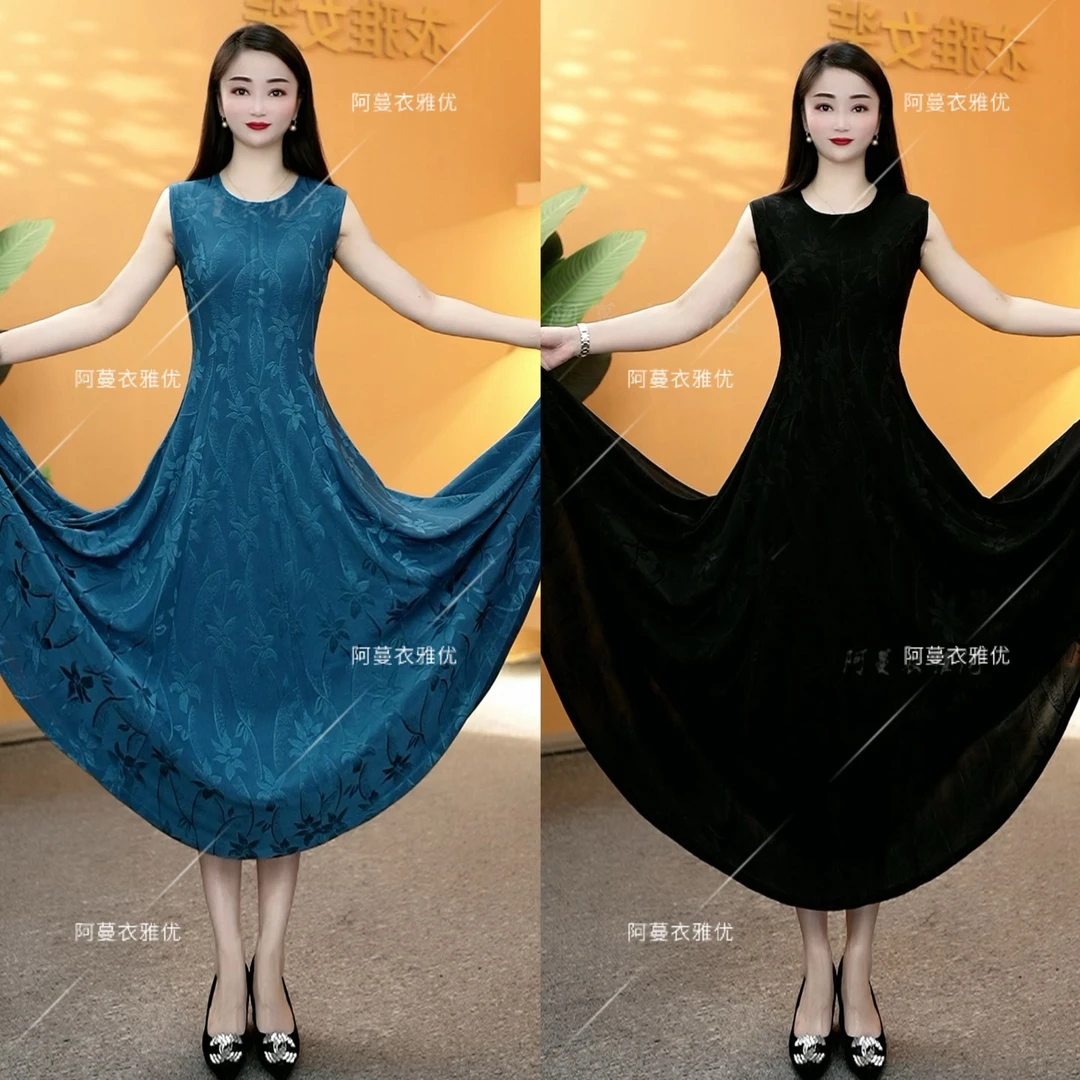 【衣雅严选】8100-1655#新款云锦丝提花刺绣无袖显瘦超大摆连衣裙