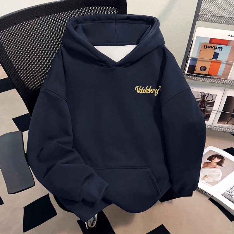Dekkry潮流简约字母印花秋冬藏青色连帽卫衣男女款百搭高级感上衣
